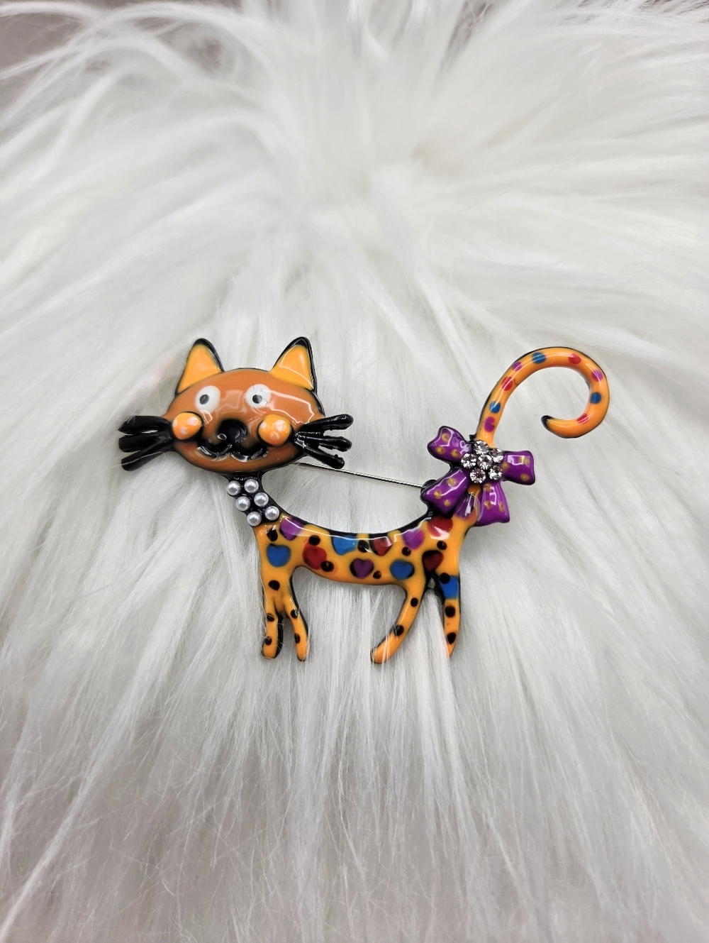Whimsical Orange Cat Brooch with Purple Polka-Dot Bow, NWOT